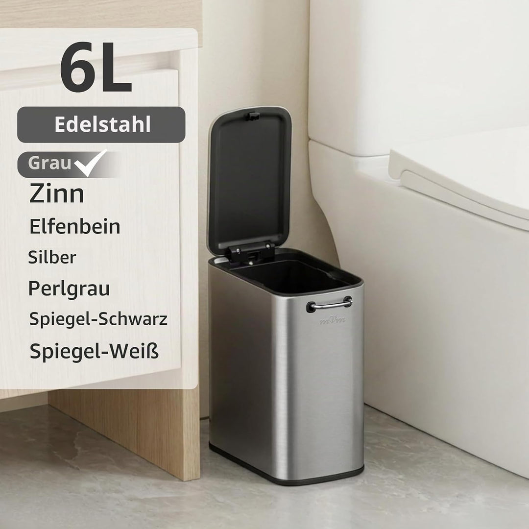 mVm Mülleimer Edelstahl, 6L, Handbetätigter Abfalleimer, Soft-Close Absenkautomatik, Herausnehmbarem