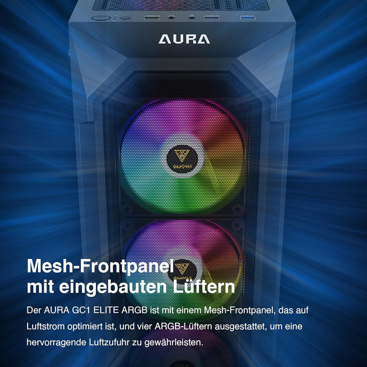 GAMDIAS Aura GC1 Elite ARGB ATX Gaming Midi-Tower PC-Gehäuse, 4 x 120 ARGB-Lüfter, High Airflow Mesh