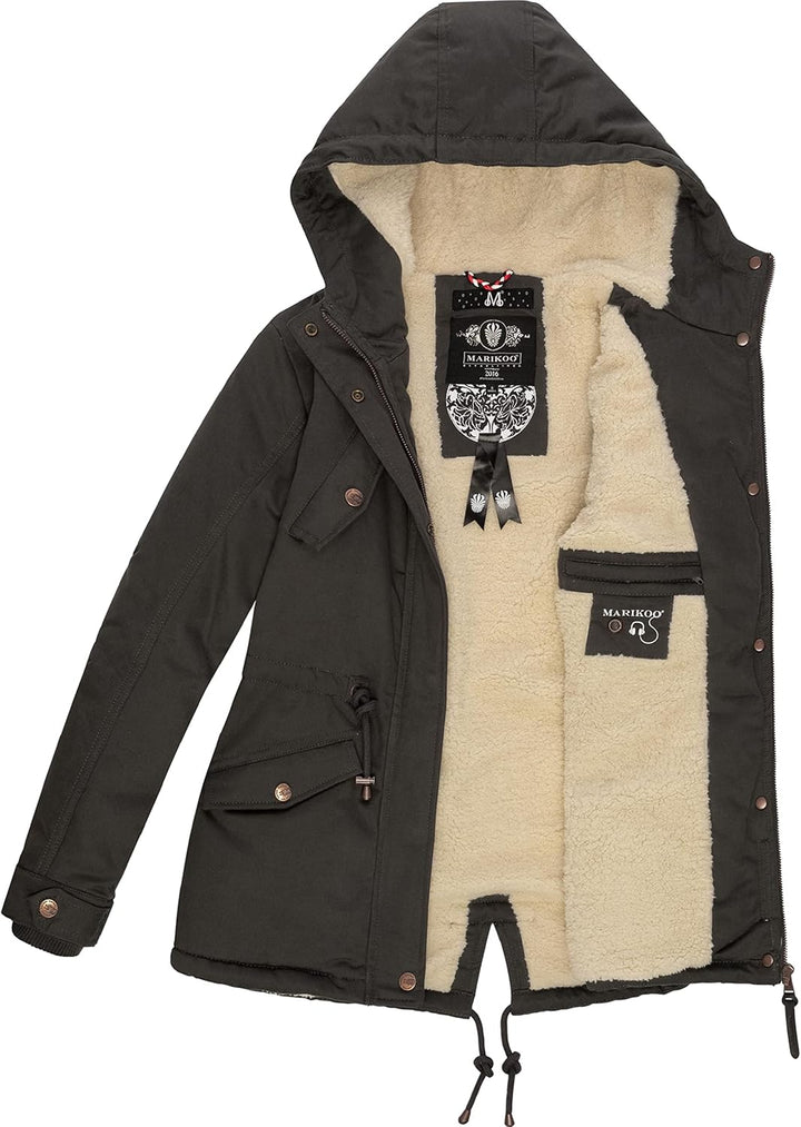 MARIKOO Damen warmer Winter Kurzmantel mit Kapuze Manolya XS-XXL XS Anthrazit, XS Anthrazit