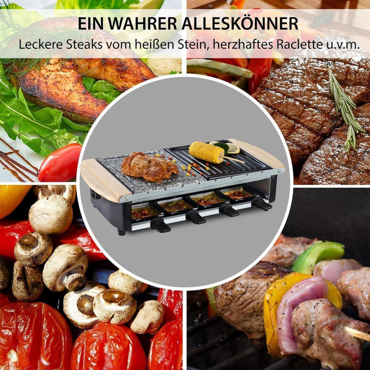 Syntrox Raclette Grill Urilas für 8 Personen, 1200W mit Naturstein und Grillplatte, 8 Antihaftbeschi