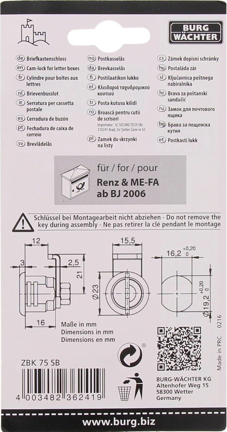 Burg-Wächter Universalzylinder, Ersatzzylinder für Briefkästen verschiedener Fabrikate, Scheibenzyli
