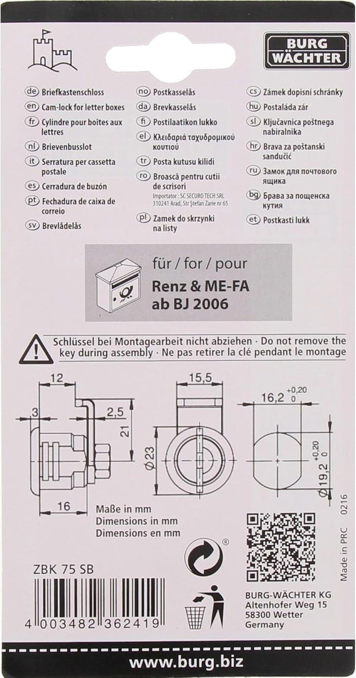 Burg-Wächter Universalzylinder, Ersatzzylinder für Briefkästen verschiedener Fabrikate, Scheibenzyli