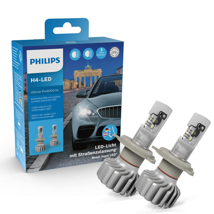 Philips Ultinon Pro6000 H4-LED Scheinwerferlampe mit Strassenzulassung, 230% helleres Licht, 5.800K
