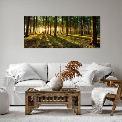 Wandbilder Dekoration Wohnzimmer Wald grün Sonnenstrahlen Natur Panorama Bilder auf Leinwand 120x50c