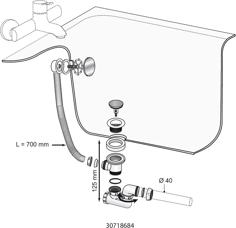 Wirquin, weiss 30723100 Badewannenabflussset L700 mit schwenkbarem Siphon, Deckelklappe und Abdeckun