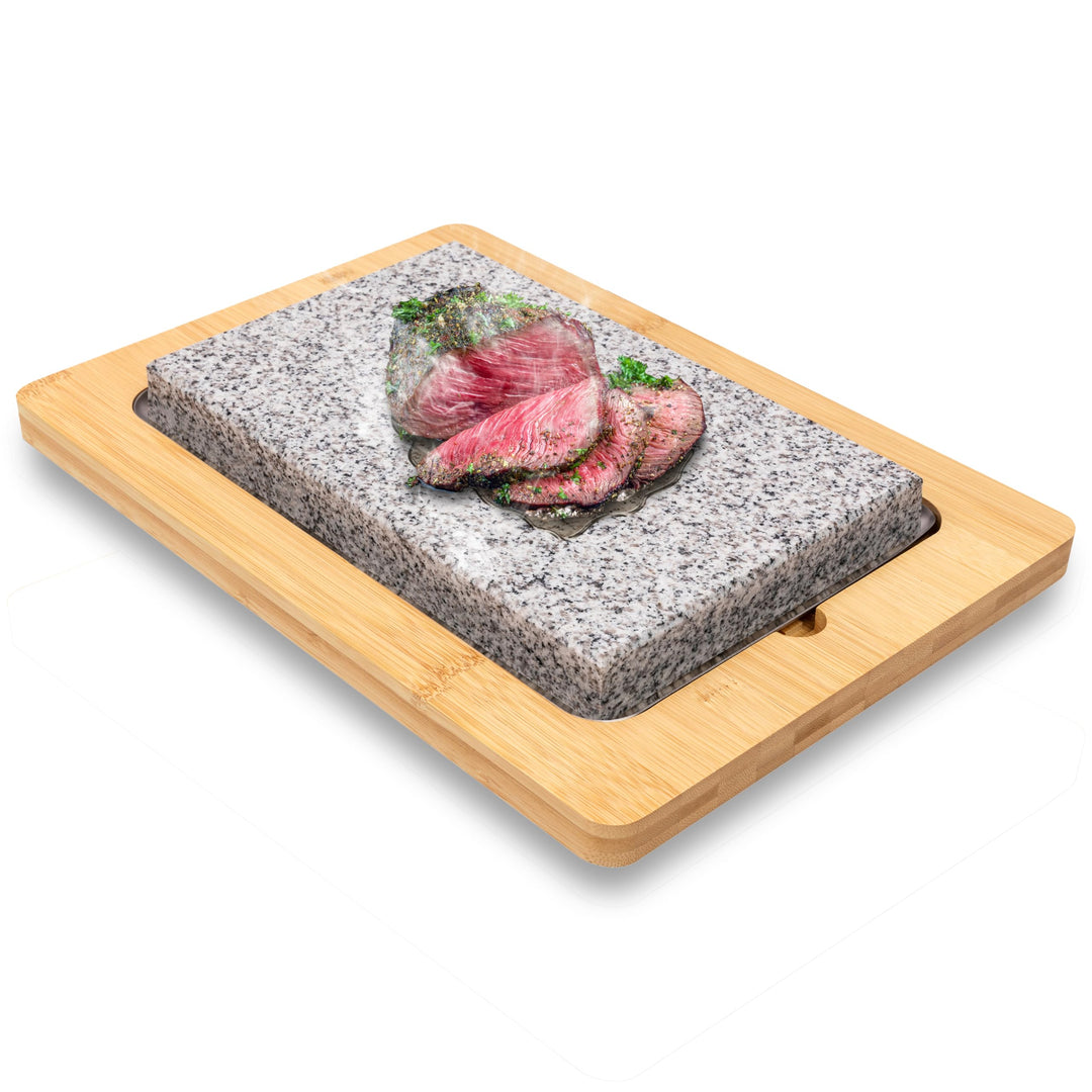 NutriChef Granitstein Grillplatte 38x27cm – Teppanyaki Tischgrill mit Bambusplatte, Antihaft, 290°C,