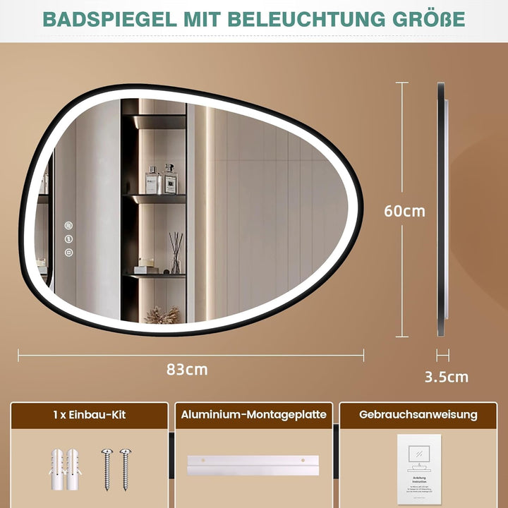 PESENXAN Asymmetrischer Spiegel mit Beleuchtung, LED Badspiegel 83x60 cm mit Touch-Schalter – Antibe