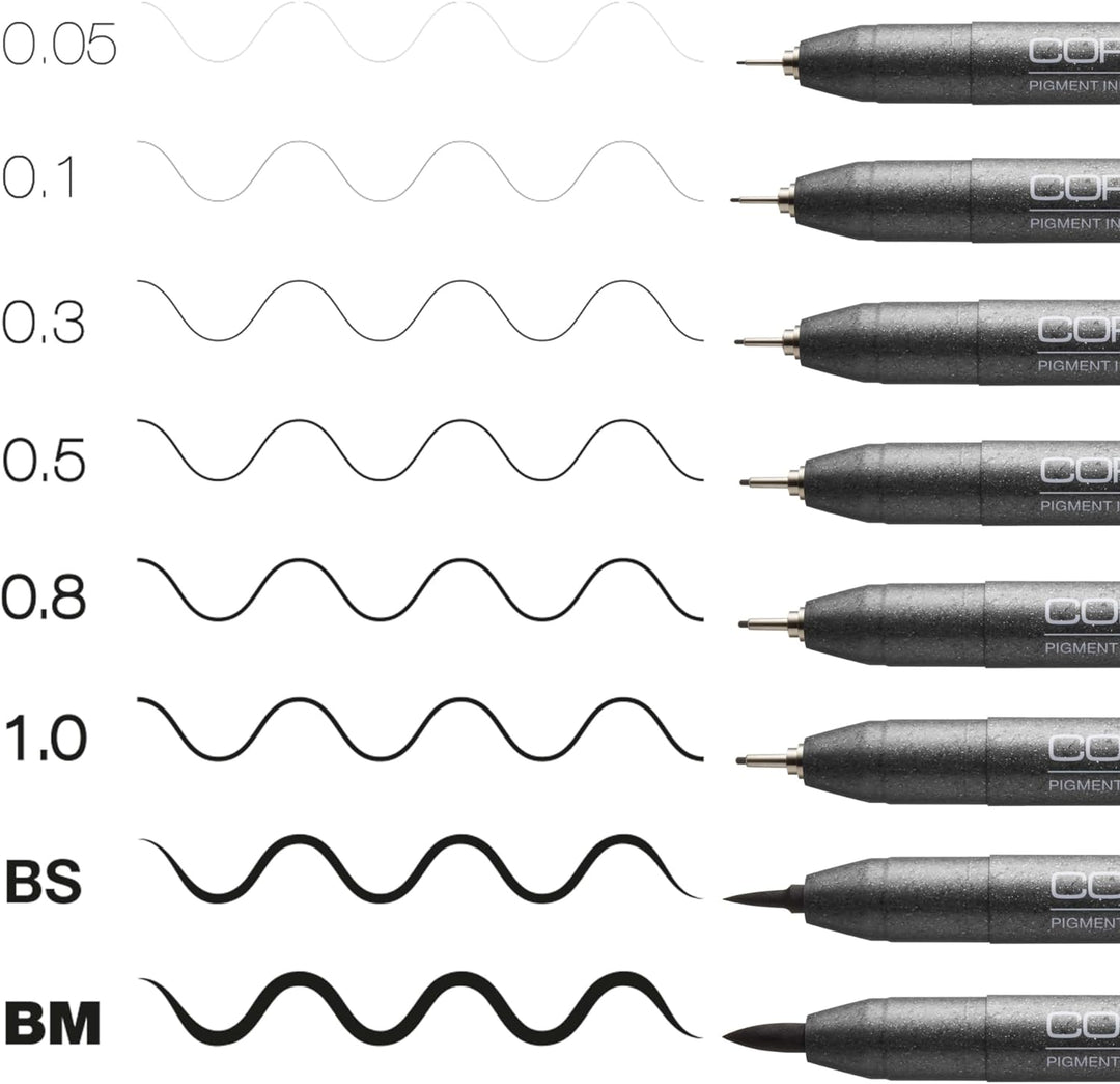 Copic Multiliner Set schwarz, 8 Stifte in 8 verschiedenen Strichstärken mit wasserfester Pigmenttint