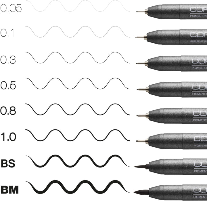 Copic Multiliner Set schwarz, 8 Stifte in 8 verschiedenen Strichstärken mit wasserfester Pigmenttint