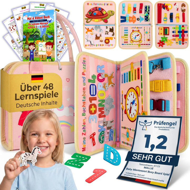 Mallie® Busy Board Deutsch inkl. Gratis Reisetasche & Montessori Buch und Perfekt für Reisen im Auto