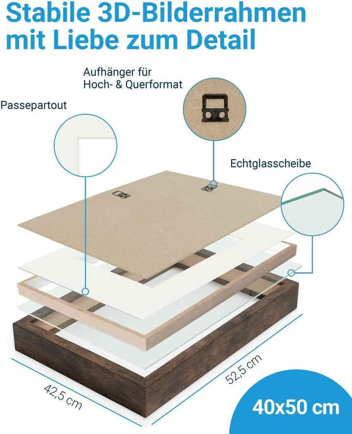 PHOTOLINI 3D Bilderrahmen zum Befüllen 40x50 Eiche dunkel gross, 1,5 cm tiefer Objektrahmen mit Glas