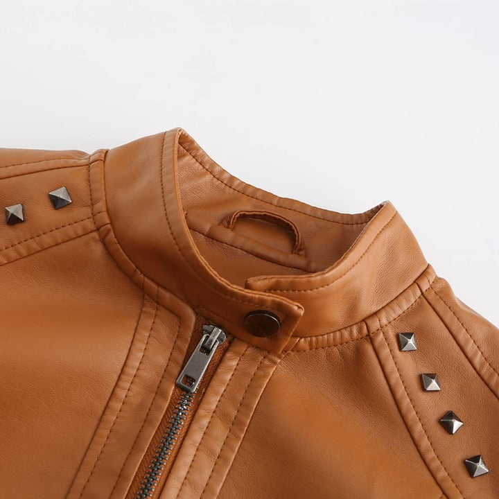 YYNUDA Damen Lederjacke Kurz Bikerjacke Stehkragen Reissverschluss Leder Jacke Übergangsjacke für He