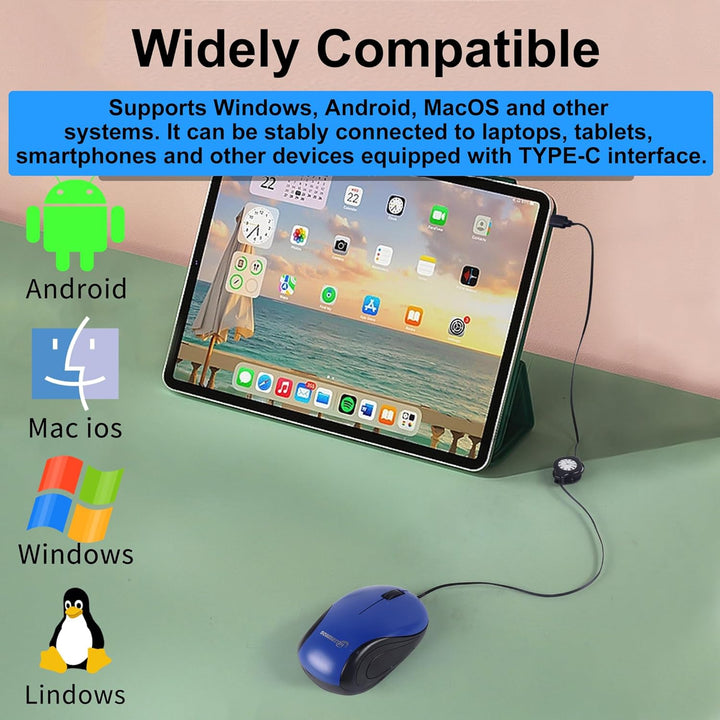 Mini Maus mit Kabel und Einziehbarem USB C Corded,Retractable 70 cm,1000D-PI Optische Typ-C Computer