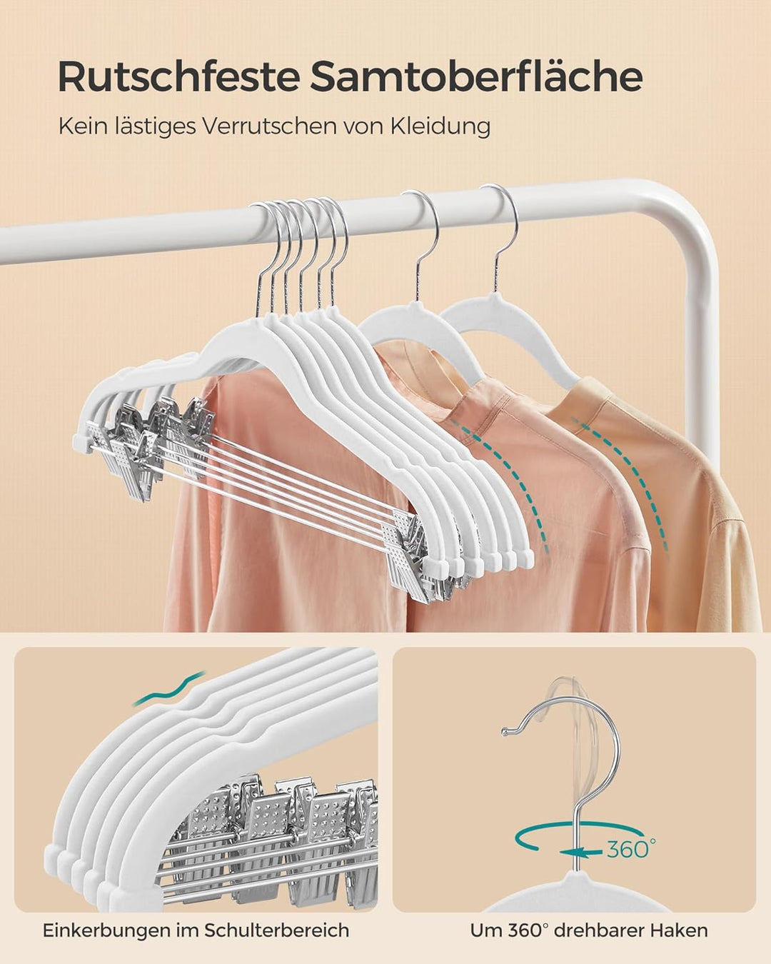 SONGMICS Kleiderbügel Samt, 10er Set, Rockbügel, 42,5 cm breit, mit verstellbaren Clips, rutschfest,