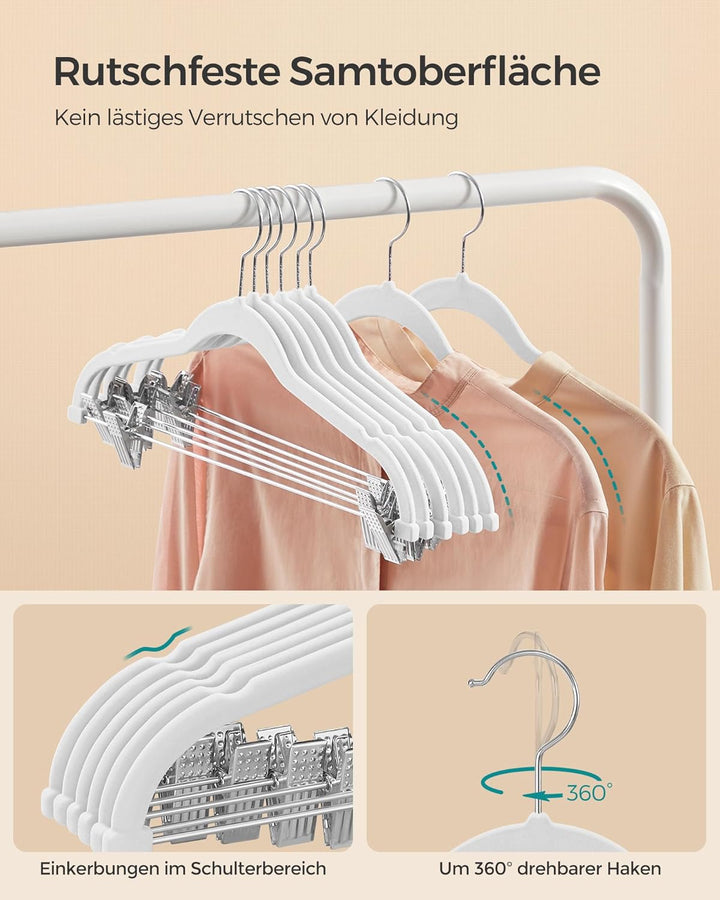SONGMICS Kleiderbügel Samt, 10er Set, Rockbügel, 42,5 cm breit, mit verstellbaren Clips, rutschfest,