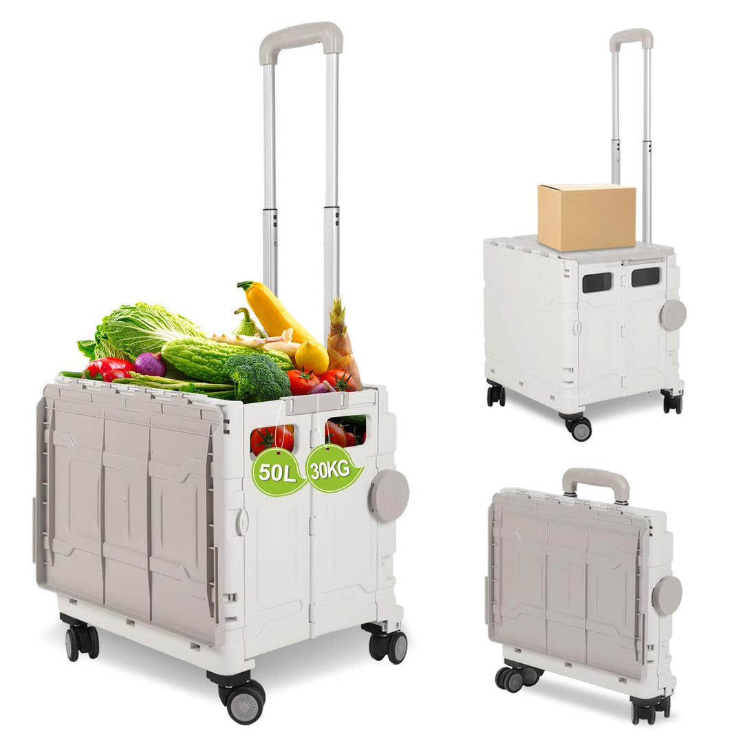 Einkaufstrolley Klappbar, mit neigbarer Teleskopgriff & Deckel, 4 x 360° Rollen, bis 30 kg, 50 Liter