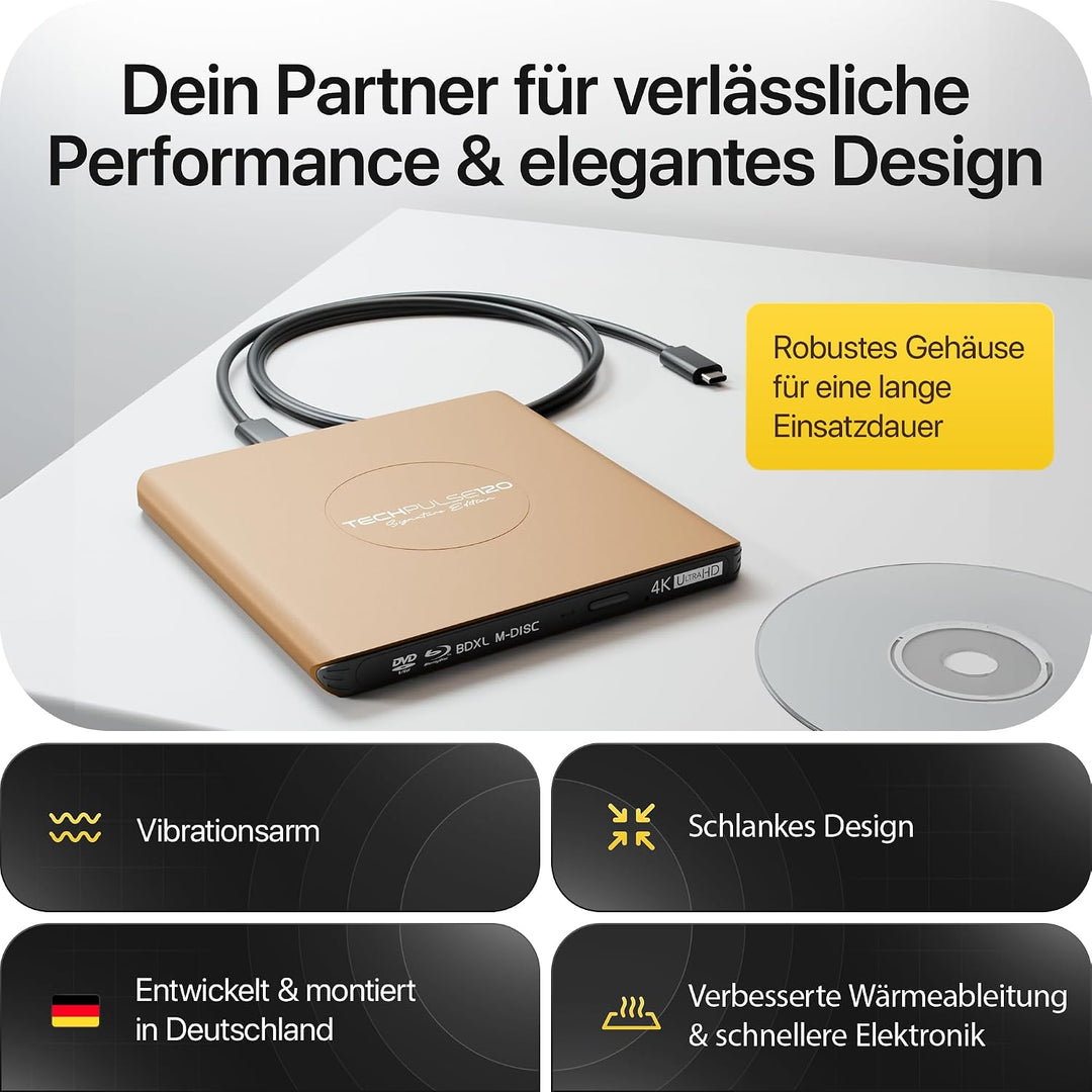 techPulse120 Externes UHD 4k 3D M-Disc BDXL USB 3.0 USB-C Laufwerk Blu-ray Brenner Burner Superdrive