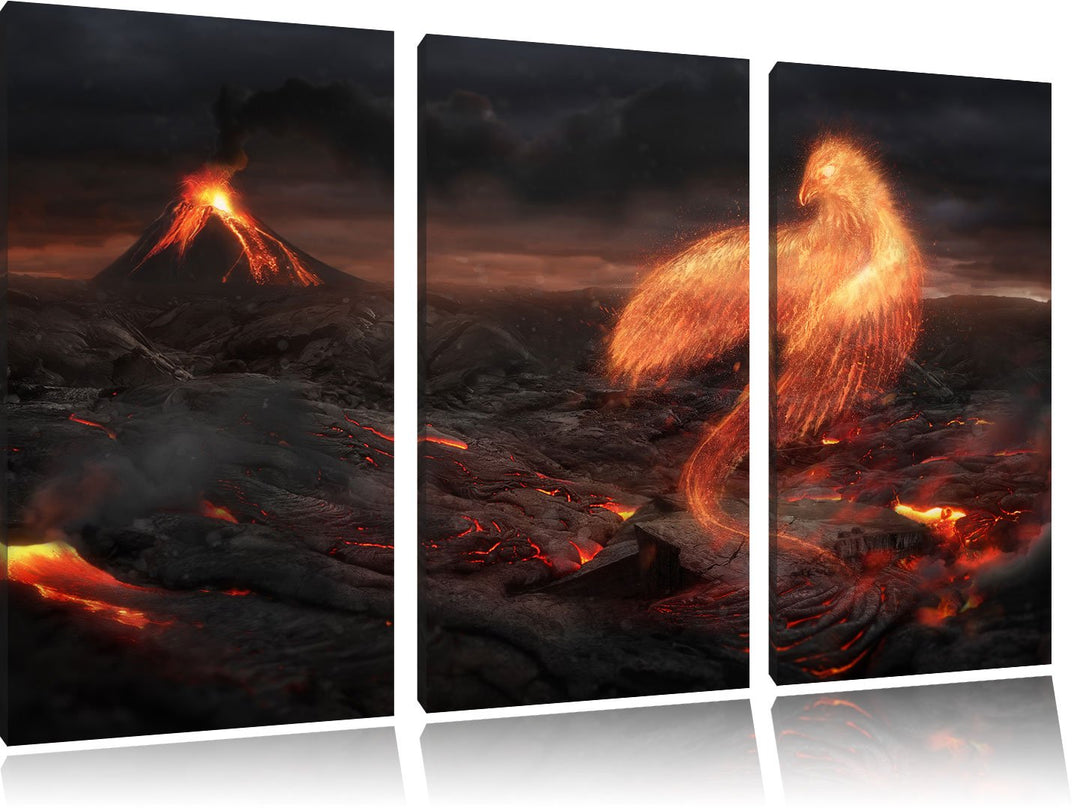 Pixxprint Brennender Phönix Vulkanlandschaft als Leinwandbild | Grösse: 3 Teilig (120x80) | Wandbild