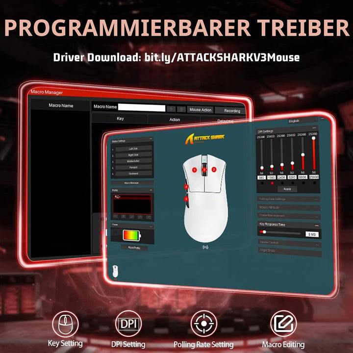 ATTACK SHARK V3 Kabellose Gaming-Maus, 65g Ultraleicht, Optischer Sensor PAW3311 mit 25K DPI, 1K Pol
