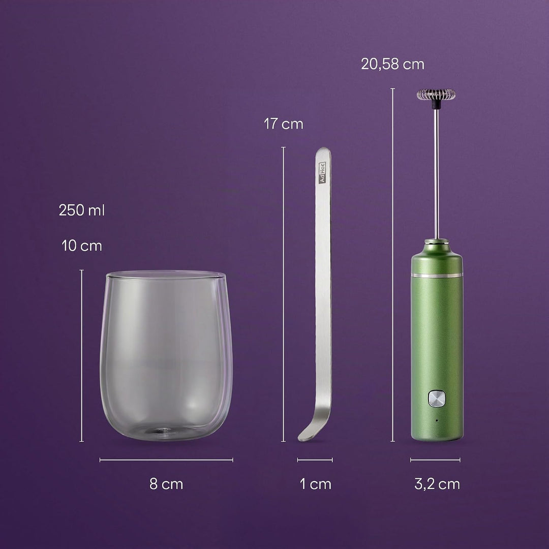 AdHoc Chado Set 3-tlg. – Matcha-Geniesser-Set mit elektrischem Milchaufschäumer, mundgeblasenem Glas