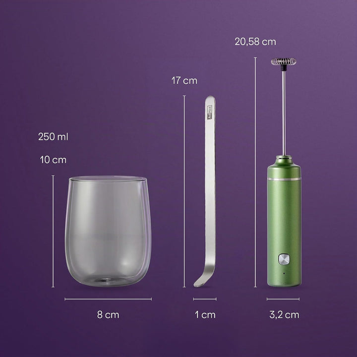 AdHoc Chado Set 3-tlg. – Matcha-Geniesser-Set mit elektrischem Milchaufschäumer, mundgeblasenem Glas