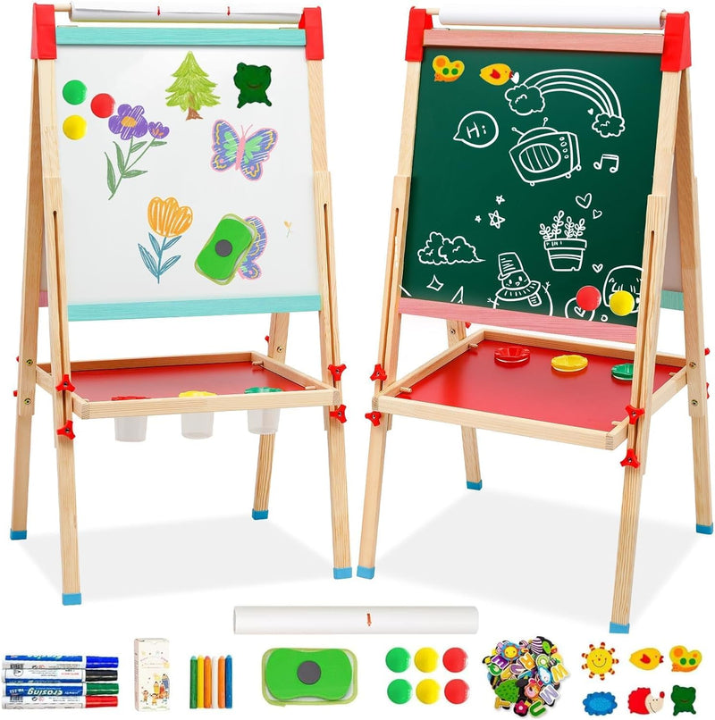 Maycoly Kinder Staffelei mit Papierrolle doppelseitiges Whiteboard und Kreidetafel Holz Kunst Staffe