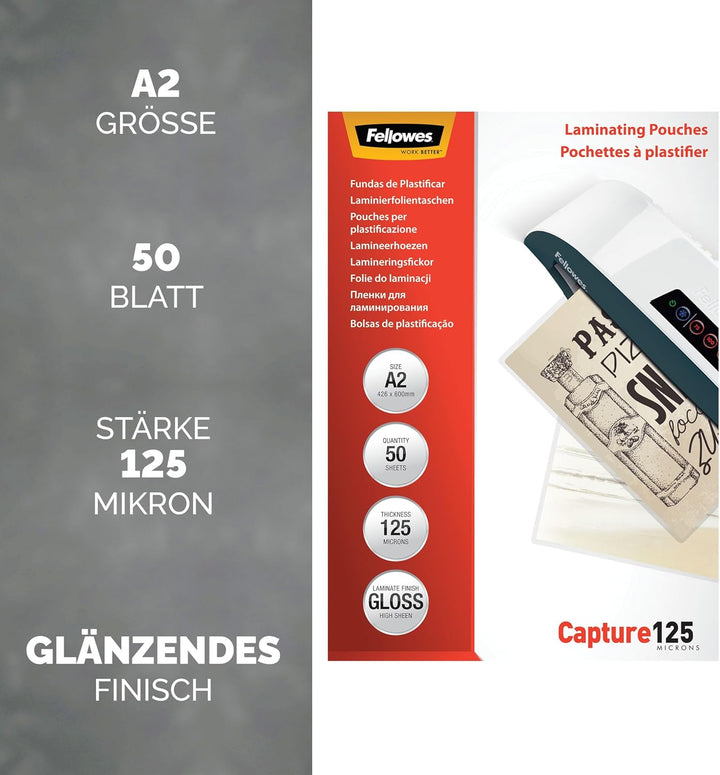 Fellowes Laminierfolien im Format A2, 125 Mikron (2 x 125 mic), glänzende Heisslaminierfolien, 50 St