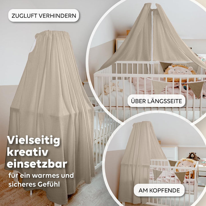 lilimaus Betthimmel Babybett [Beige] - Himmel Babybett aus 100% Baumwolle Musselin Handmade - Betthi