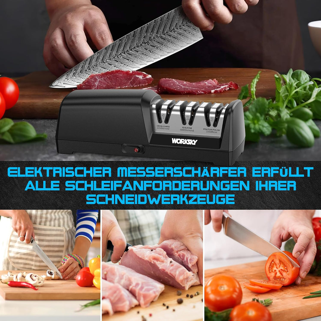 Elektrischer Messerschärfer für die Küche – Professionell 3-Stufen, 100% Diamantsystem mit 15° Präzi