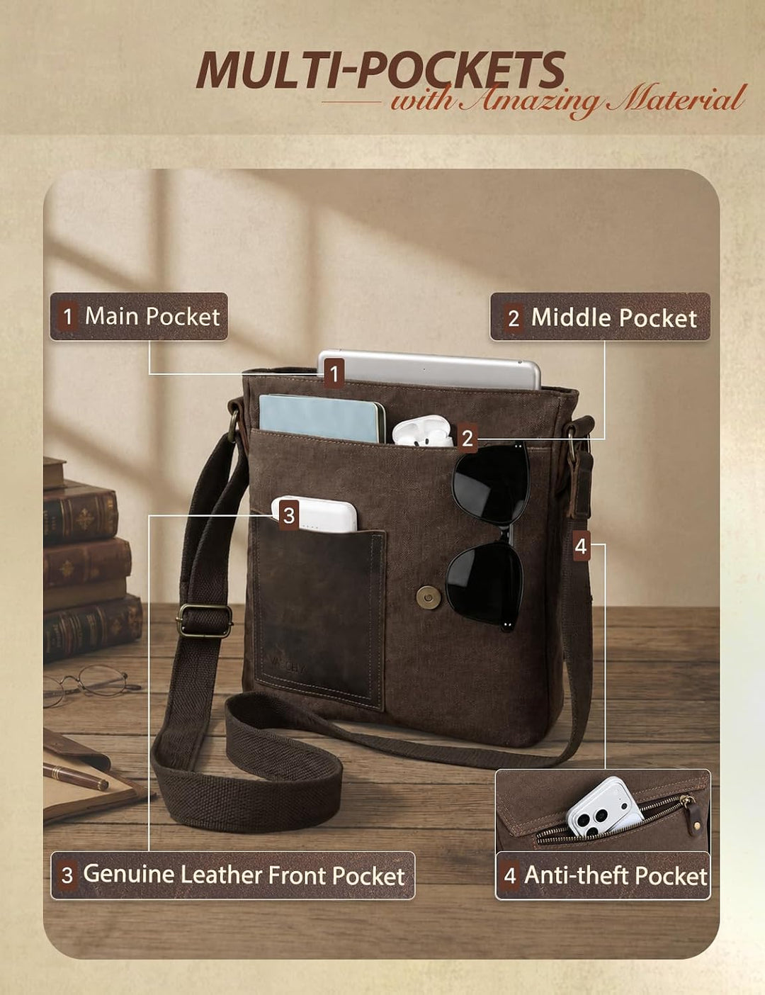 VASCHY Klein Umhängetasche Herren mit RFID-Schutz,Vintage Messenger Bag Herrentasche Schultertasche