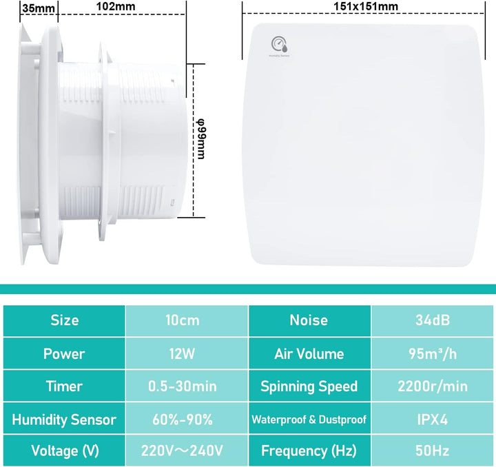 Ikodm Badlüfter 100mm mit Feuchtigkeitssensor und Rückstauklappe timer, Badezimmerlüfter Bad Lüfter