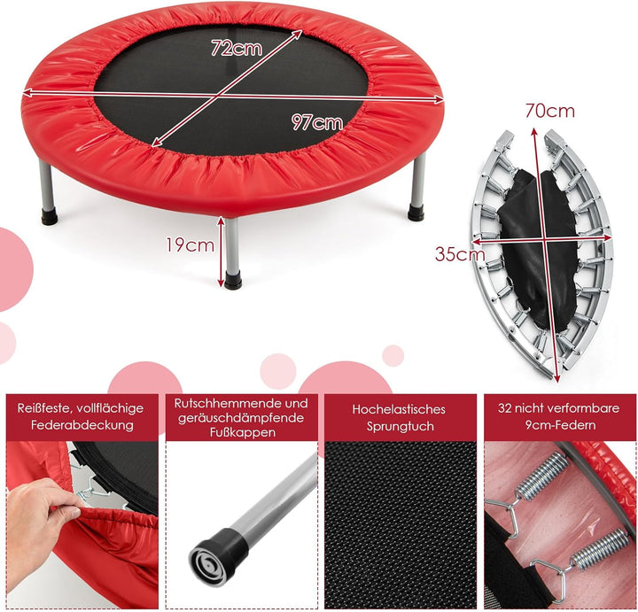 COSTWAY φ97cm Mini Trampolin, Fitness Trampolin faltbar, Kindertrampolin bis 150kg belastbar, Trampo