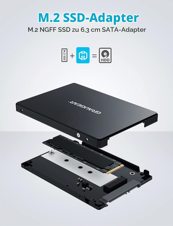 GRAUGEAR Aluminium M.2-SATA SSD Konverter, für B-Key M.2 NGFF zu 2,5” SATA, 2,5“ Bauform, 7 mm Einba