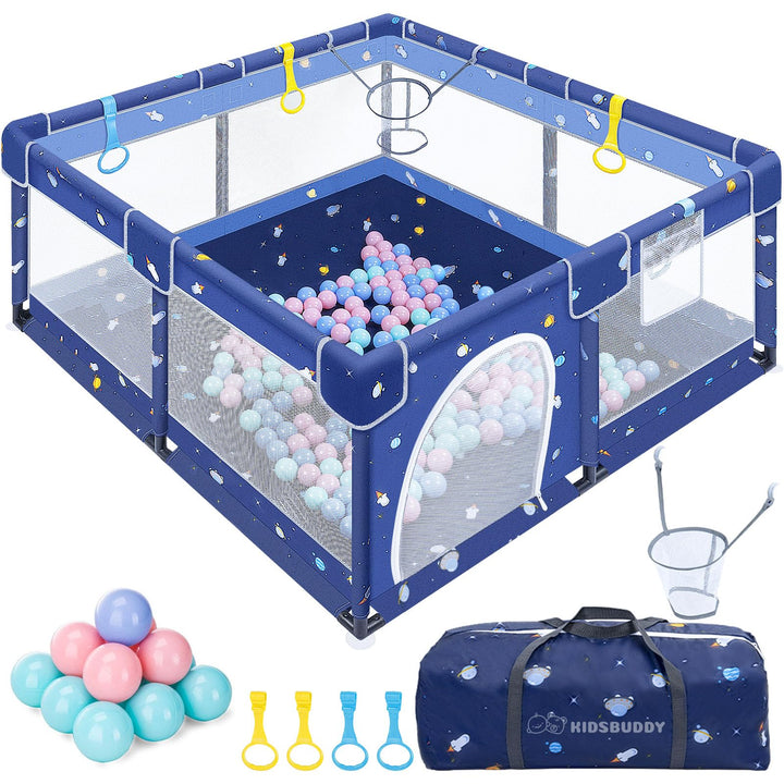 Verdego Laufstall Baby 130 x 130 x 66 cm, Laufgitter Baby, Laufstall Faltbar mit Zugringen, Bällen,