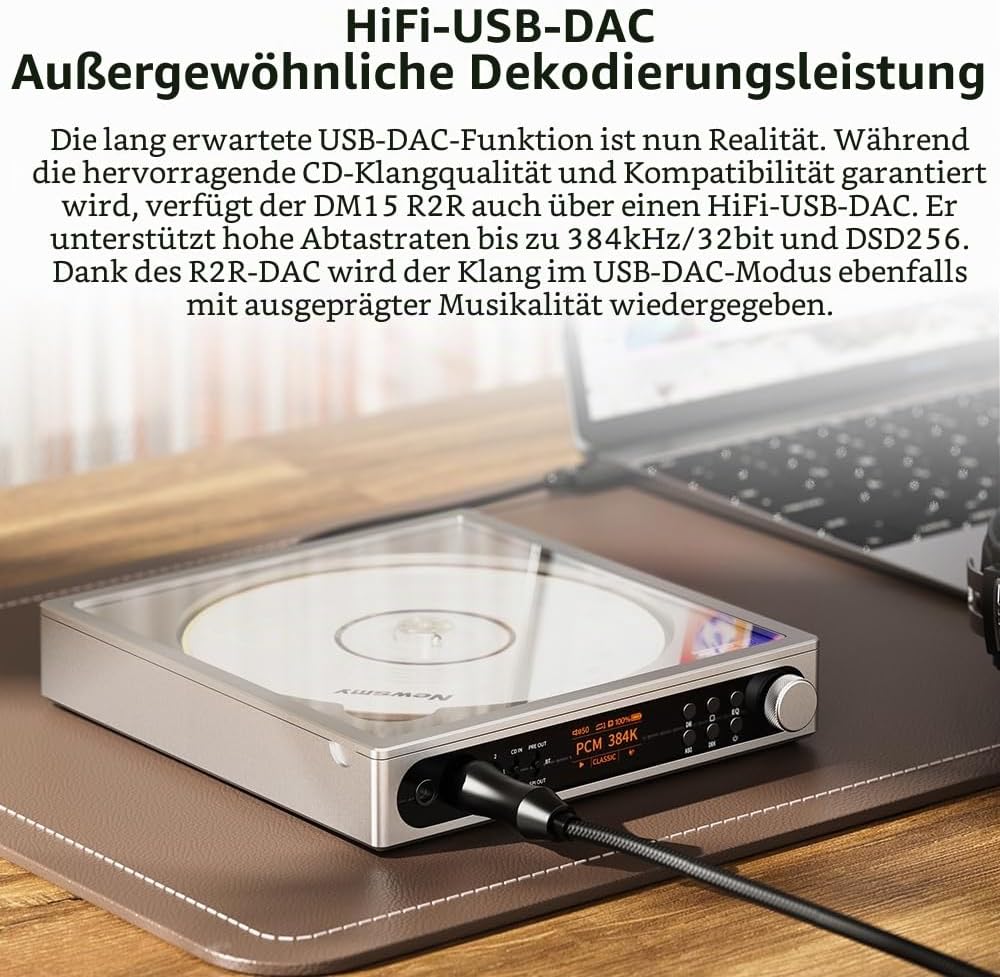 FiiO DM15 R2R Tragbarer CD-Player, HiFi-USB-DAC und Bluetooth 5.4-Sender, HD-Display, 3,5 mm und 4,4