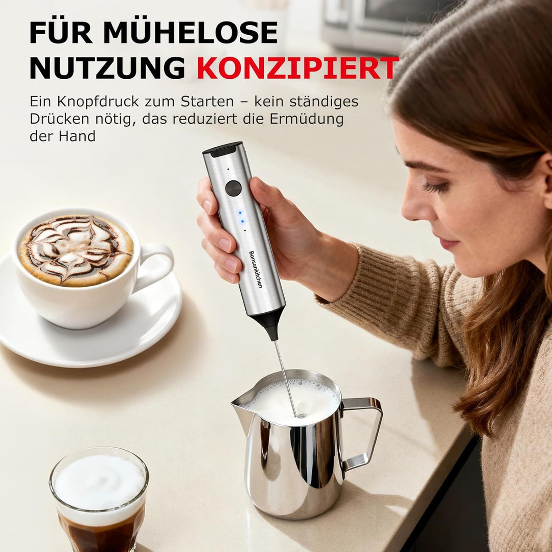 Bonsenkitchen Wiederaufladbarer Handmilchaufschäumer mit Ständer, 3-Geschwindigkeiten elektrischer M
