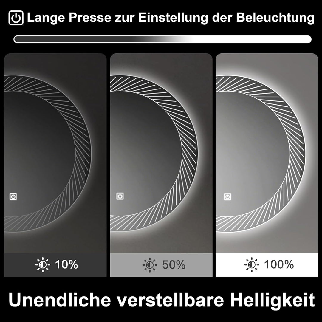 Rund Badezimmer Wandspiegel, Badspiegel Mit Beleuchtung, 50cm Spiegel mit LED Linienmuster Licht, To