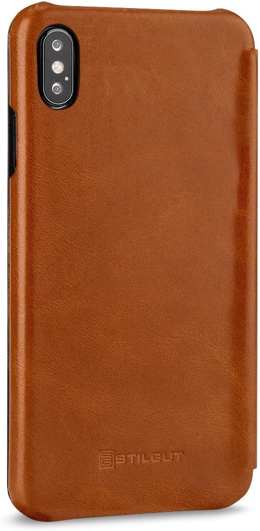 STILGUT Schutz-Hülle kompatibel mit iPhone XS Max Book Type aus Echtleder, Cognac, cognac