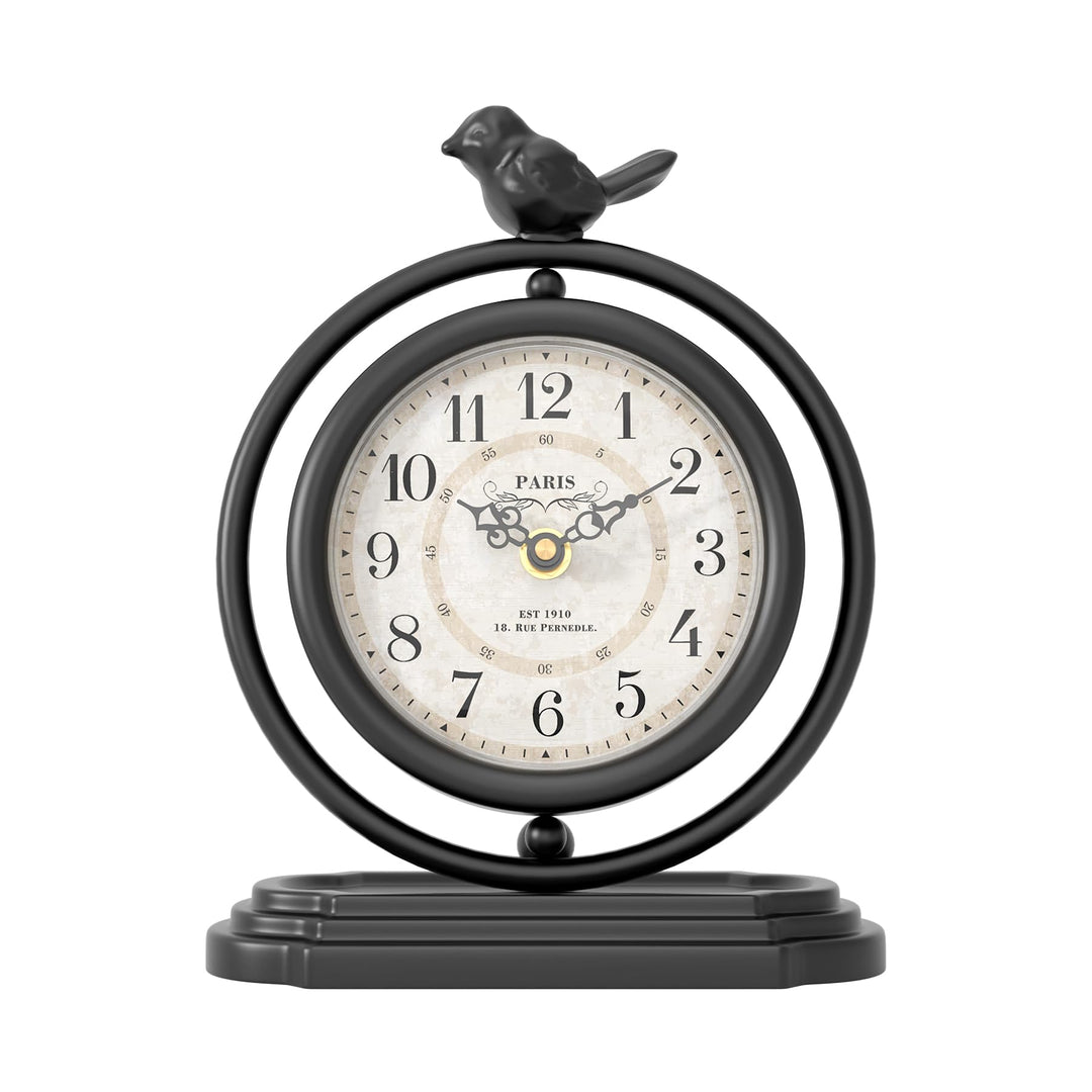 Schwarze Vintage-Tischuhr mit Vogel, europäischer Retro-Stil, Kaminuhr, Schreibtisch- und Regaldekor