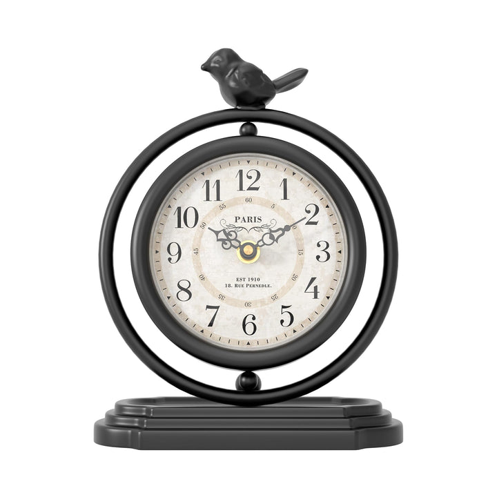 Schwarze Vintage-Tischuhr mit Vogel, europäischer Retro-Stil, Kaminuhr, Schreibtisch- und Regaldekor