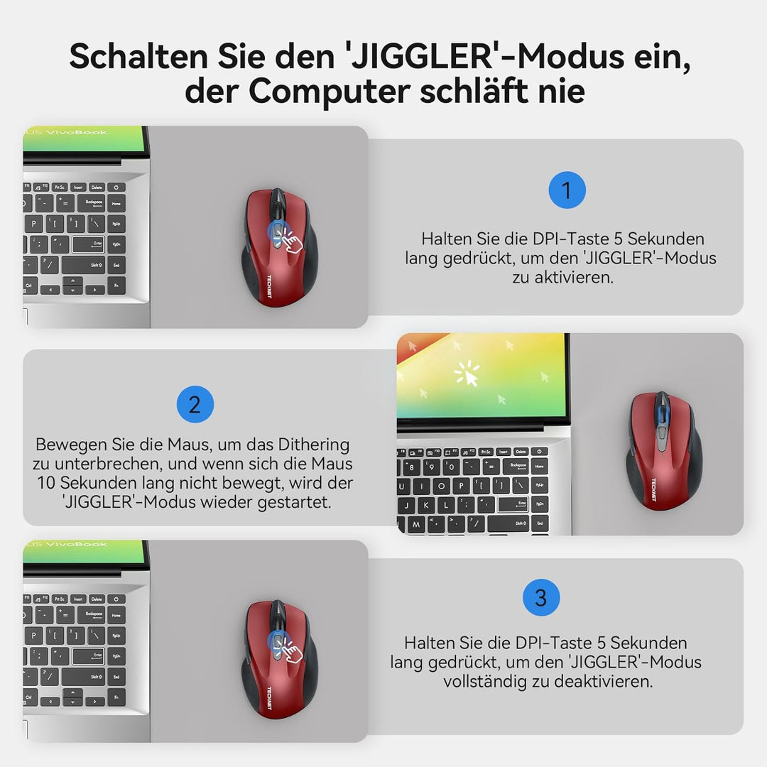 TECKNET Bluetooth Maus mit Jiggler, Wiederaufladbare Maus Kabellos(DREI Modi: BT 5.0/3.0 + 2.4G), 48