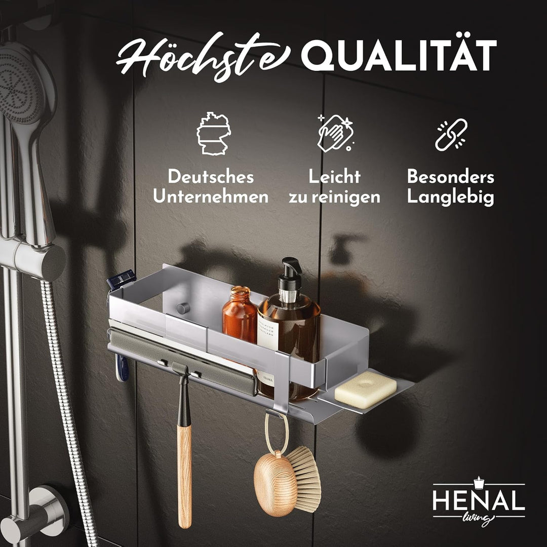 HENAL Duschablage Set 5 in 1, Edelstahl-Duschablage matt gebürstet ohne Bohren, Duschregal inklusive
