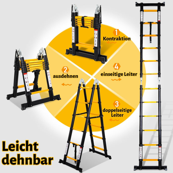 Eulenke teleskopleiter klappleiter 1,9M+1,9M Aluleiter 6+6 Stufen Stehleiter Klappleiter, 150 kg Bel
