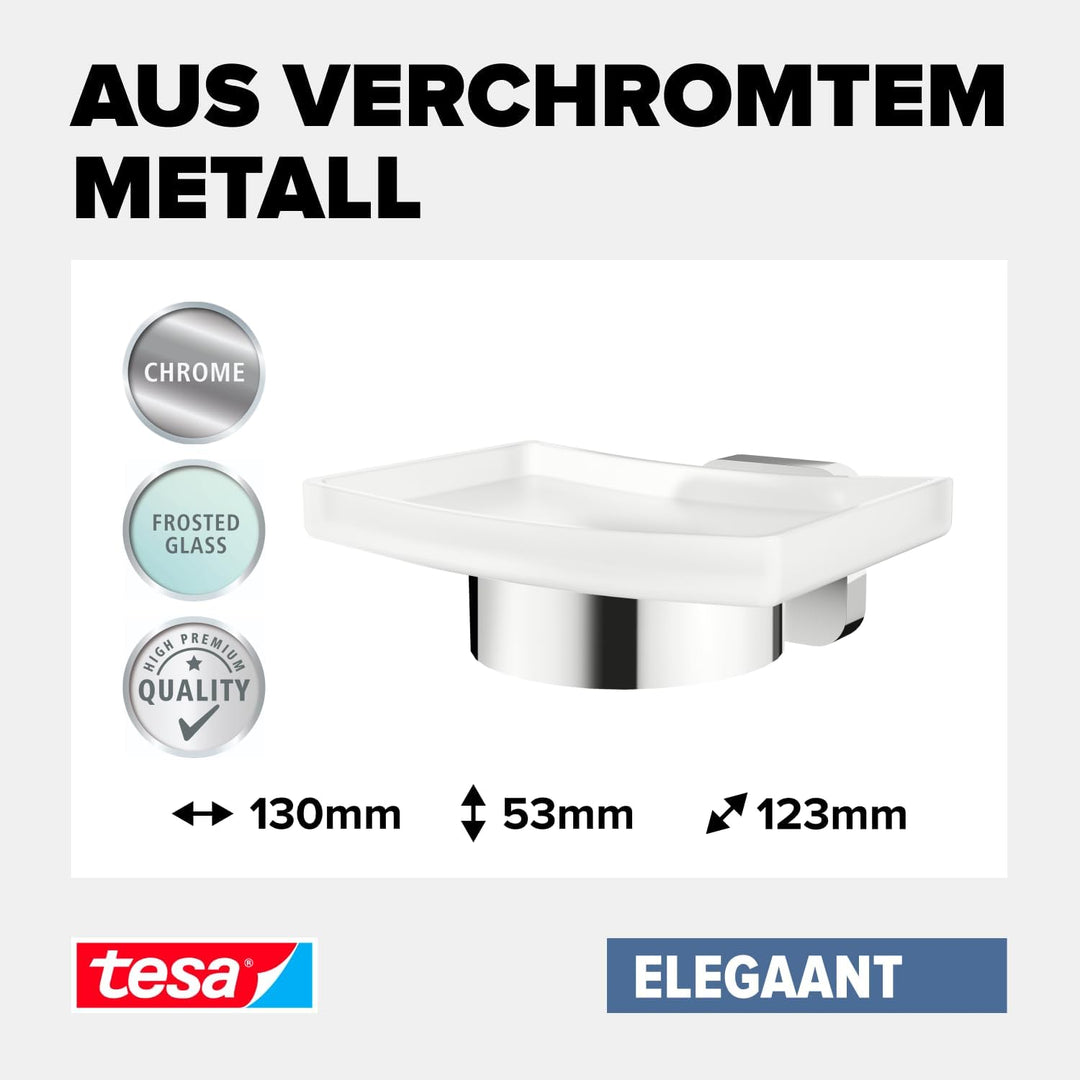 tesa ELEGAANT Seifenschale mit Wandhalterung, satiniertem Glas und verchromtem Edelstahl - zur Wandb