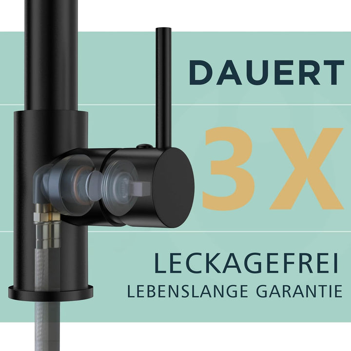 FORIOUS Wasserhahn Küche Schwarz,Edelstahl-Küchenarmatur Spülarmaturen Küche, Zweigriff-Mischbatteri