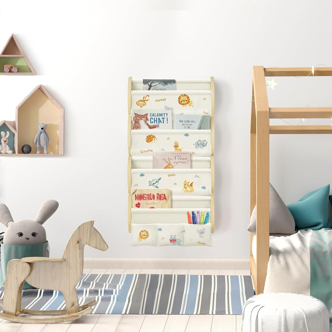 Bücherregal Kinder Wand Kinderbücherregal Montessori mit 4 Ablagen & 3 Taschen Kinderregal Wandregal