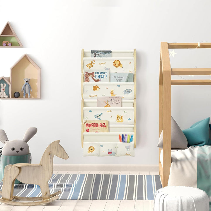 Bücherregal Kinder Wand Kinderbücherregal Montessori mit 4 Ablagen & 3 Taschen Kinderregal Wandregal
