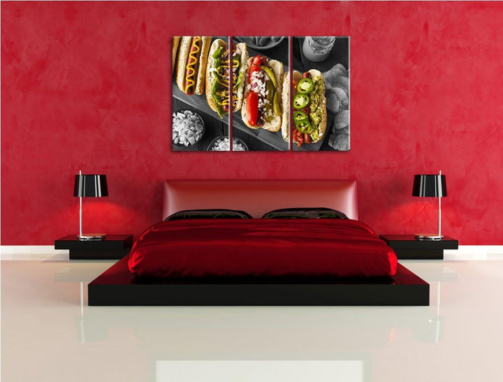 Delikate Hotdogs schwarz/weiss 3-Teiler Leinwandbild 120x80 Bild auf Leinwand, XXL riesige Bilder fe