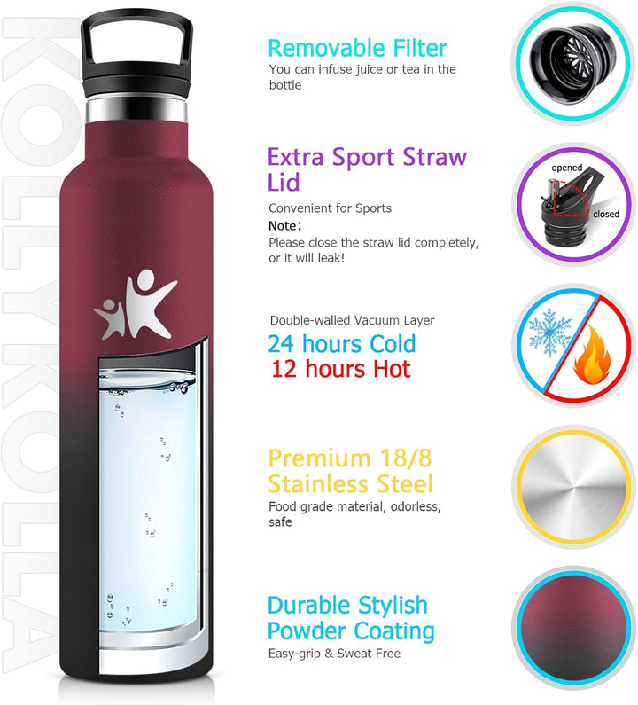KollyKolla Edelstahl Trinkflasche 1L, Auslaufsichere Wasserflasche mit Strohhalm, Kohlensäure Geeign