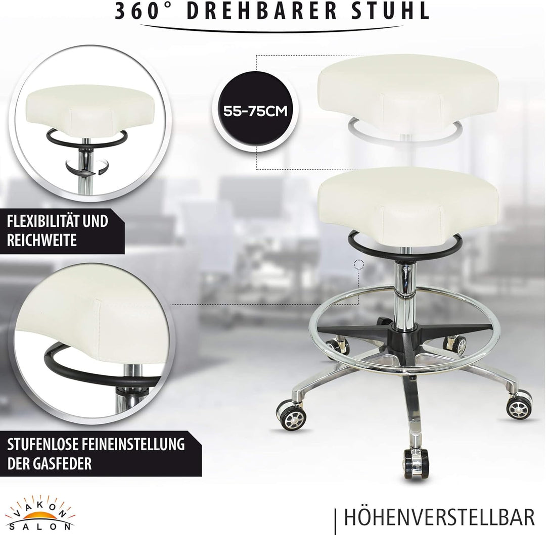 Design ergonomischer Rollhocker auf hochwertigen Rollen Weiss - Höhenverstellbarer von 55 bis 75 cm